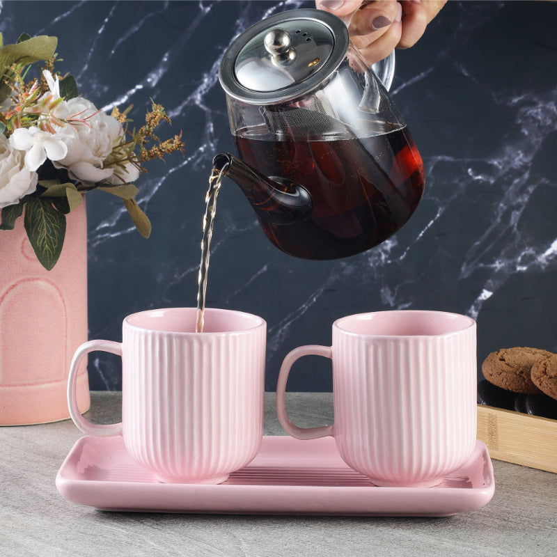 Combed Mug Set with Tray | Set of 2 | Multiple Colors Pink