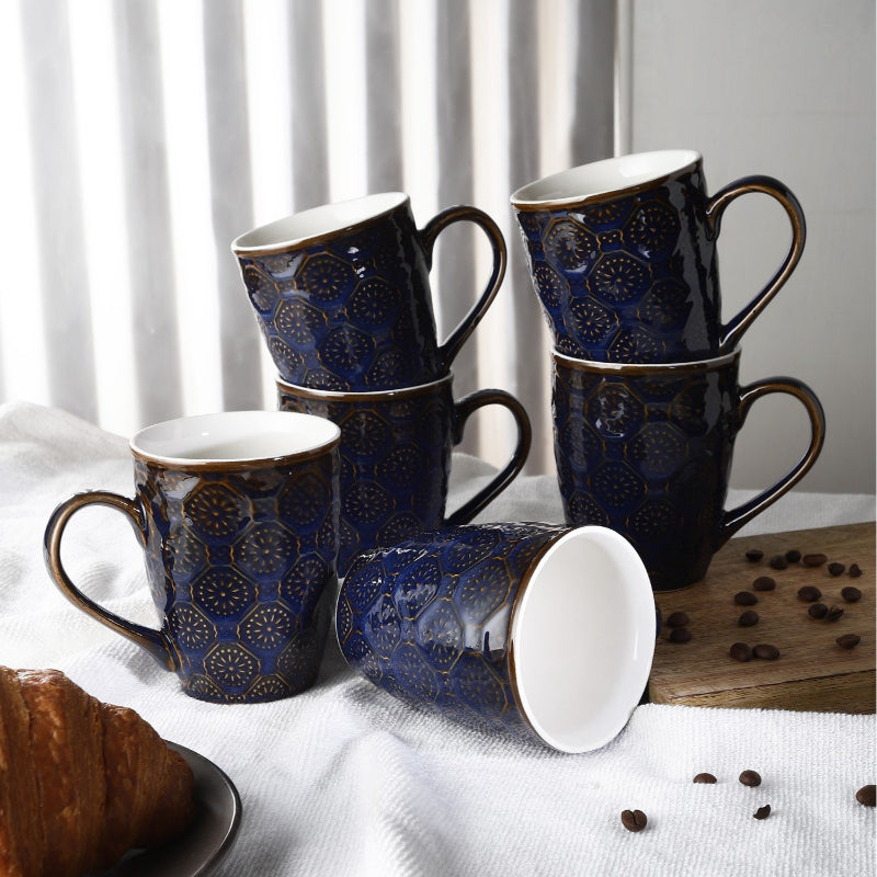 Ceramic Embossed Blue Glazed Mugs | Set  of 6 Default Title