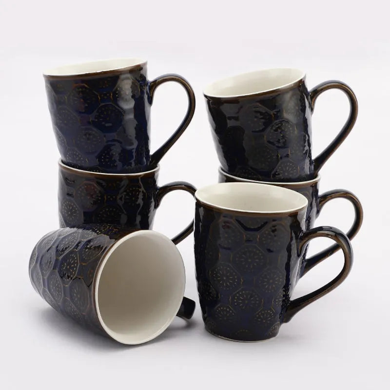 Ceramic Embossed Blue Glazed Mugs | Set  of 6 Default Title