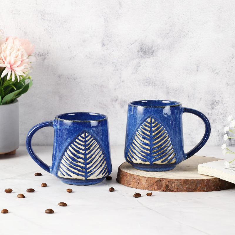 Ceramic Blue Glazed Leaf Mugs | Set of 2 Default Title