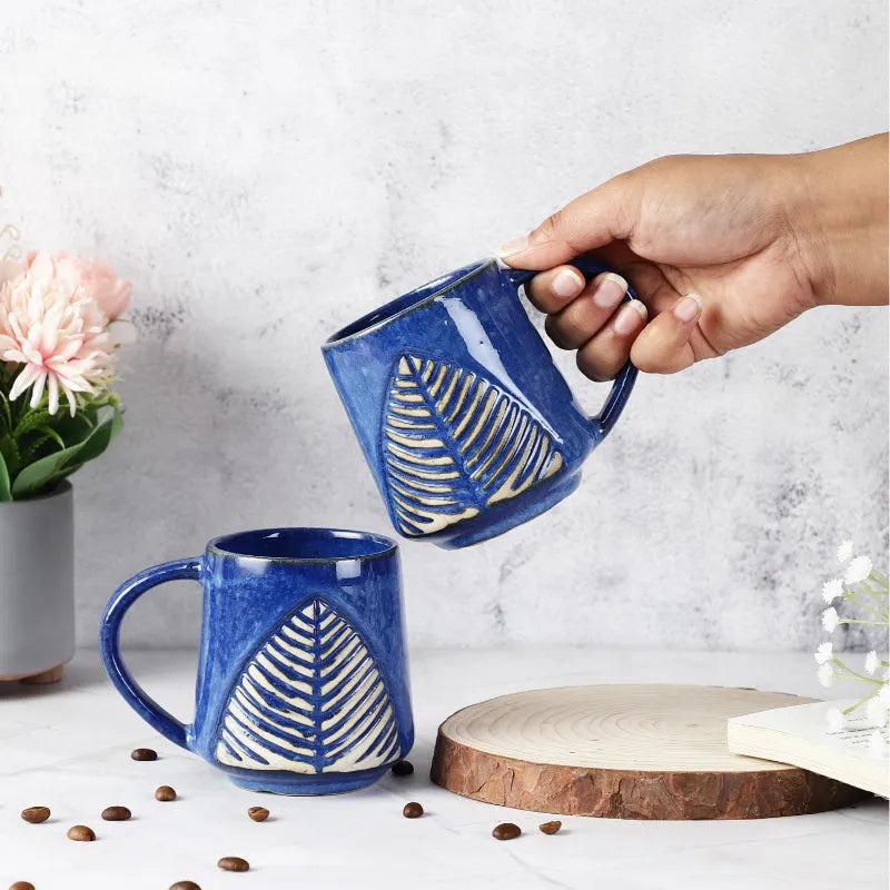 Ceramic Blue Glazed Leaf Mugs | Set of 2 Default Title