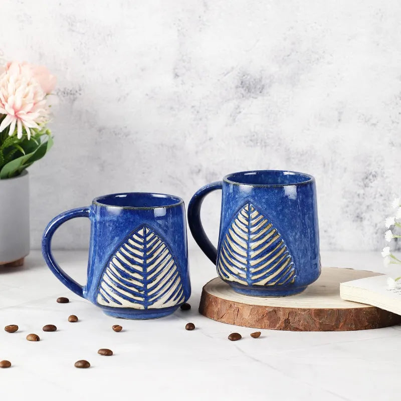 Ceramic Blue Glazed Leaf Mugs | Set of 2 Default Title