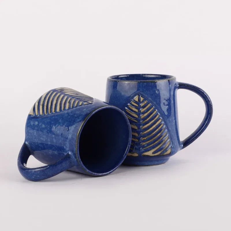 Ceramic Blue Glazed Leaf Mugs | Set of 2 Default Title