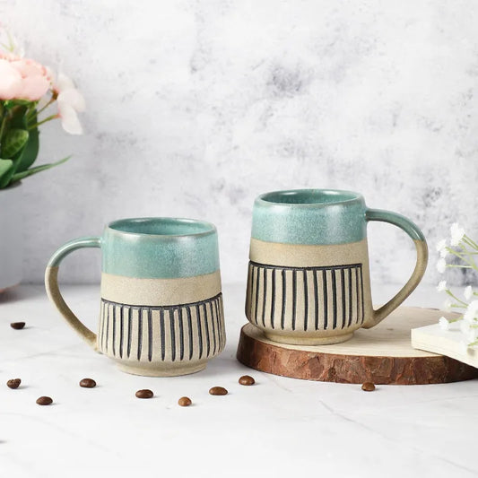 Ceramic Semi-Glazed Groove Mugs | Set of 2 | Multiple Colors Turquoise