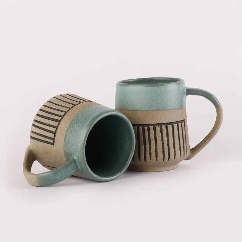 Ceramic Semi-Glazed Groove Mugs | Set of 2 | Multiple Colors Turquoise