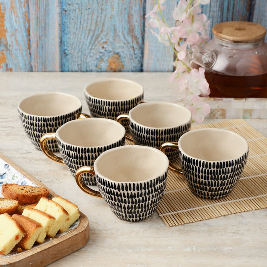 Ceramic Black & White Tribal Stripe Cups | Set of 4, 6 Set of 6