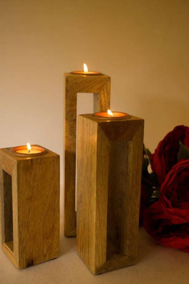 The Pitara Project Lighting Accessories dusaan Doosan dushan Dusan Dosan home & living Wooden Tea Light Stand  Set of 3