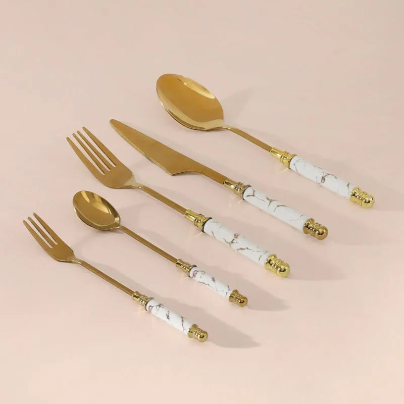 Marble and Gold Cutlery Set | Set of 5