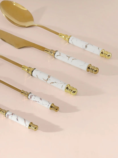 Marble and Gold Cutlery Set | Set of 5