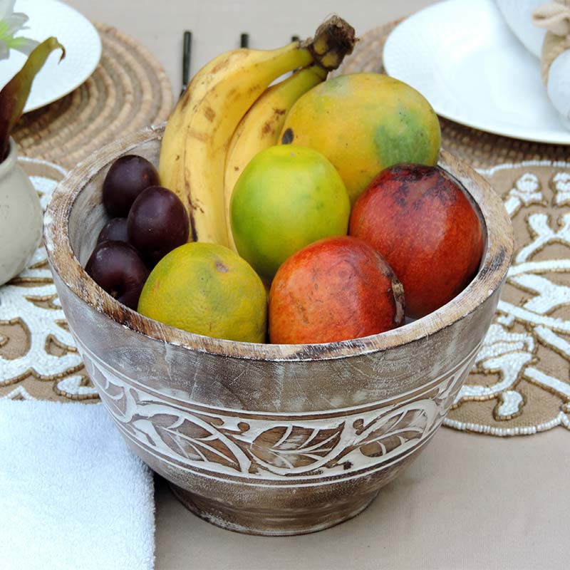 Rustic Wooden Bowl with Leaf Design and White Wash