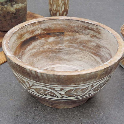 Rustic Wooden Bowl with Leaf Design and White Wash