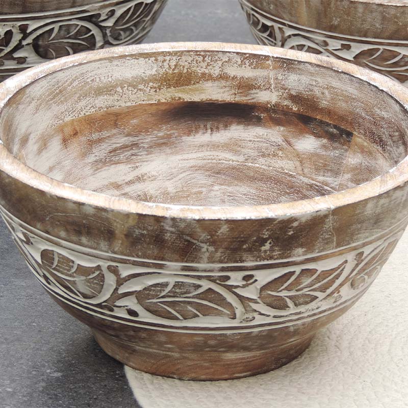 Rustic Wooden Bowl with Leaf Design and White Wash