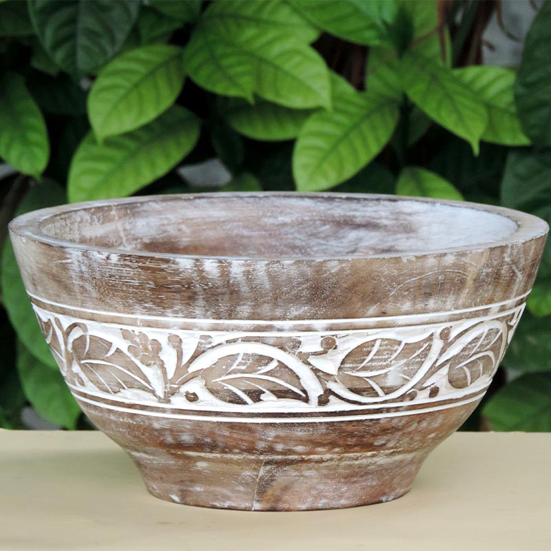 Rustic Wooden Bowl with Leaf Design and White Wash