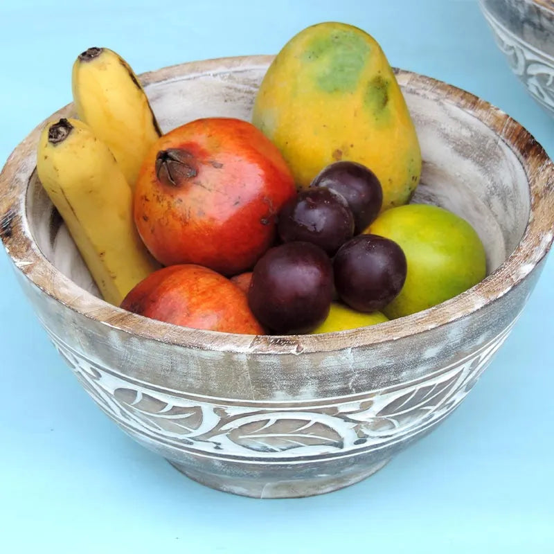 Rustic Wooden Bowl with Leaf Design and White Wash