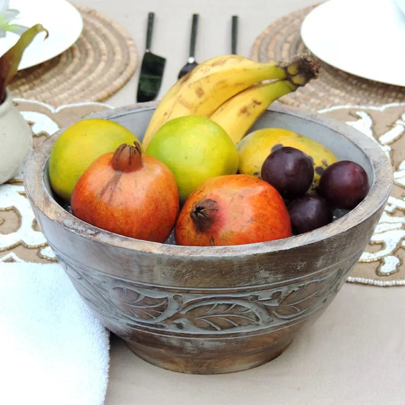 Rustic Wooden Bowl with Leaf Design and White Wash