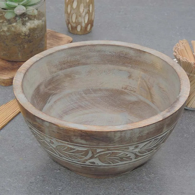 Rustic Wooden Bowl with Leaf Design and White Wash