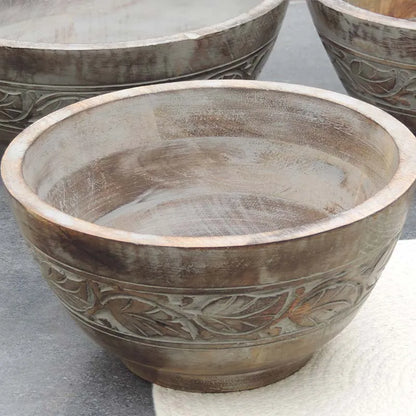 Rustic Wooden Bowl with Leaf Design and White Wash