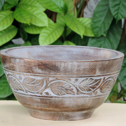 Rustic Wooden Bowl with Leaf Design and White Wash