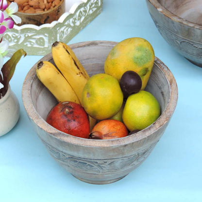 Rustic Wooden Bowl with Leaf Design and White Wash