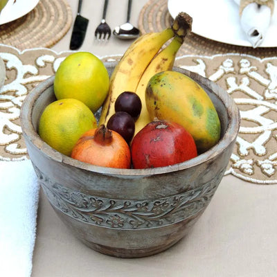 Rustic Grey Bowl with Flower Design and White Wash