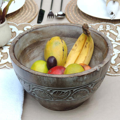 Wooden Sculpted Bowl with Leaf Design and White Wash