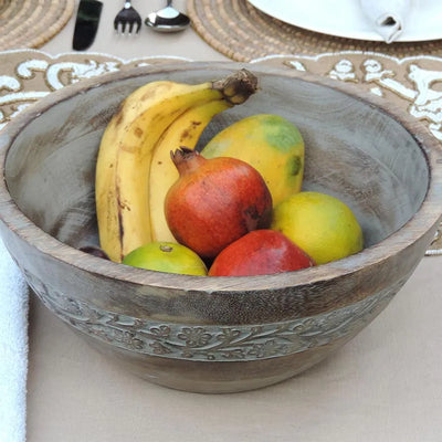 Rustic Wooden Bowl with Flower Design and White Wash