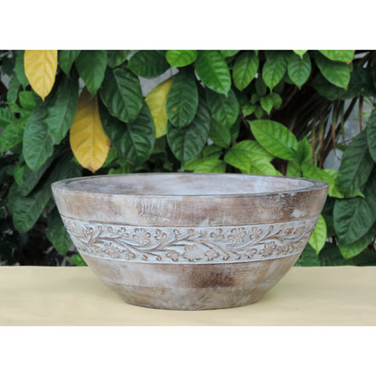 Rustic Wooden Bowl with Flower Design and White Wash