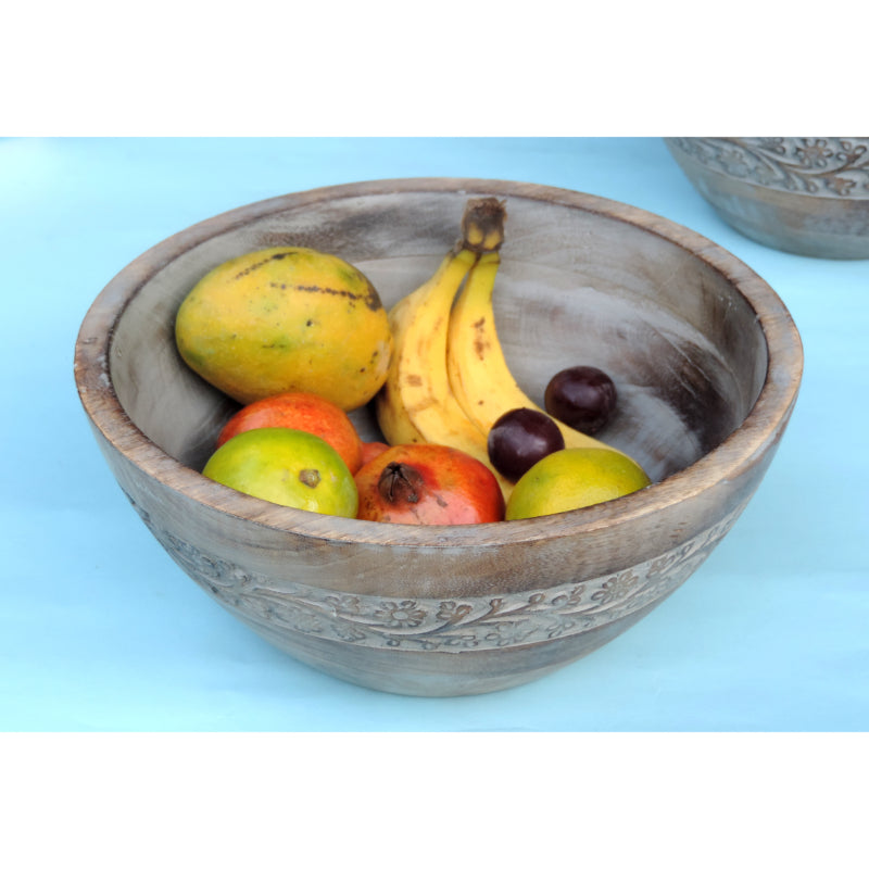 Rustic Wooden Bowl with Flower Design and White Wash