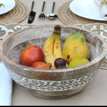 Rustic Wooden Bowl with Flower Design and White Wash