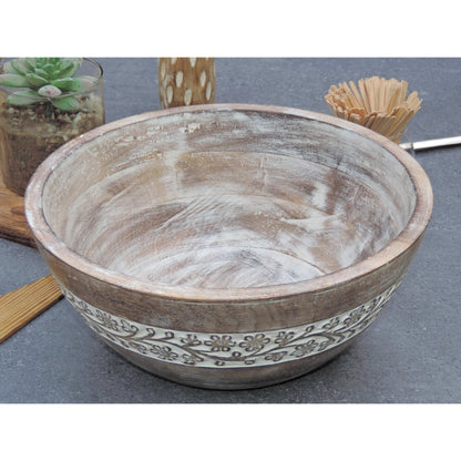 Rustic Wooden Bowl with Flower Design and White Wash