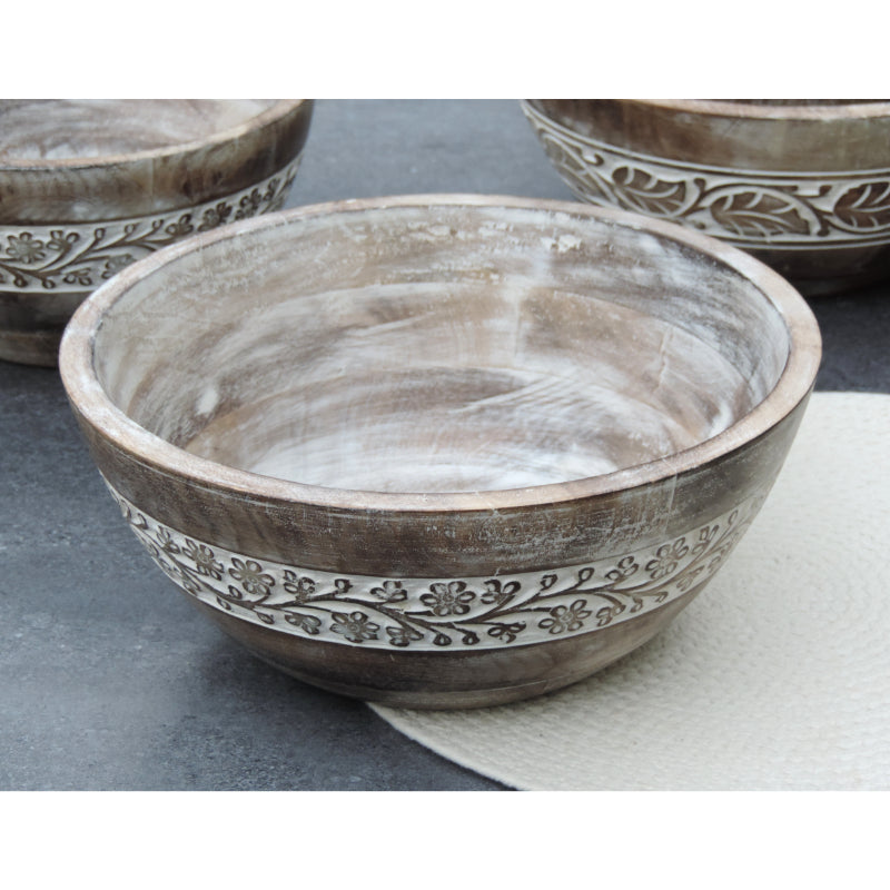 Rustic Wooden Bowl with Flower Design and White Wash