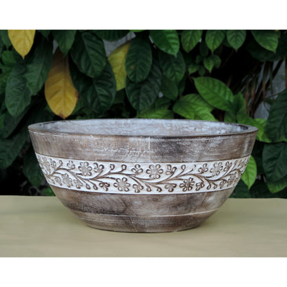 Rustic Wooden Bowl with Flower Design and White Wash