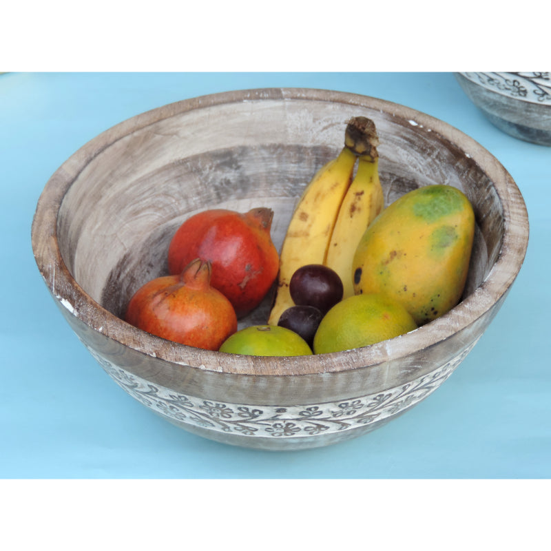 Rustic Wooden Bowl with Flower Design and White Wash