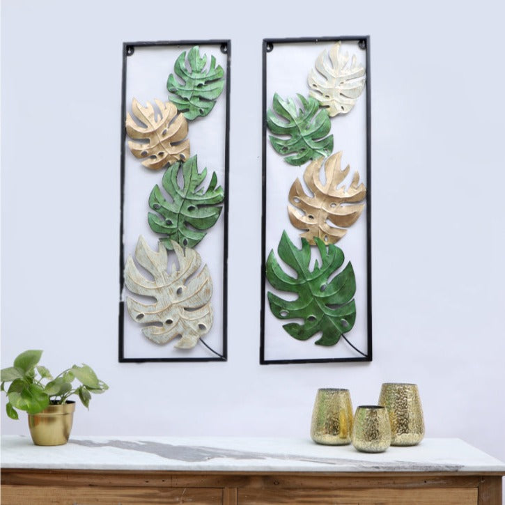 Green, Gold & White Maple Leaves Wall Decor | Set of 2