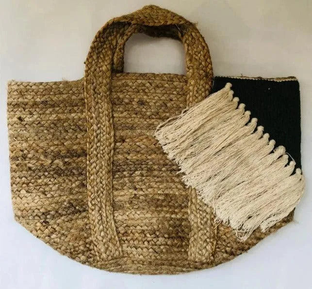 House of Banjara Baskets dusaan Doosan dushan Dusan Dosan home & living Green Jute Carry Basket With Side Corner Pattern   Colors